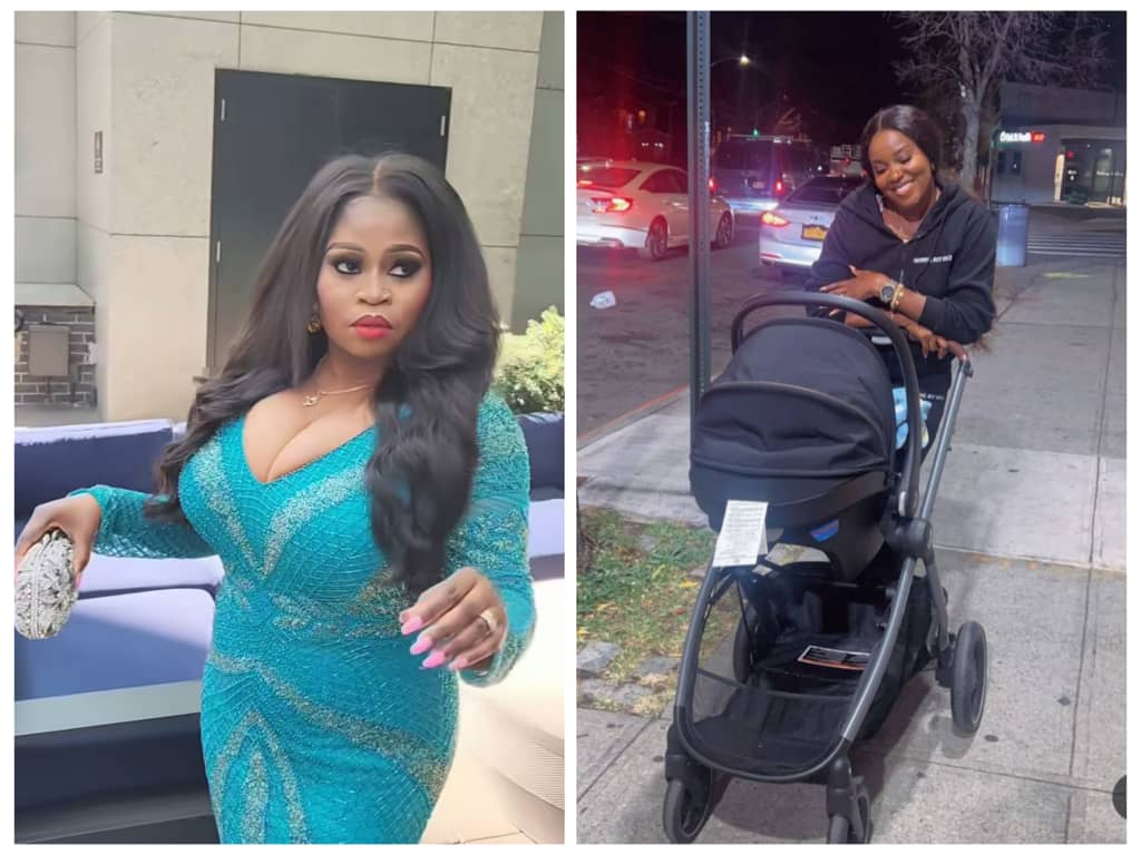 Nollywood Actress, Biola Adebayo Poses In Adorable Pictures With Tawa Ajisefinni’s New Baby In US